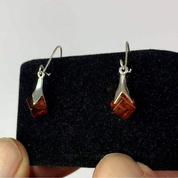 Sterling Silver 925 Women's Amber Drop Dangle Cube Shape Earrings - Picture 4 of 13